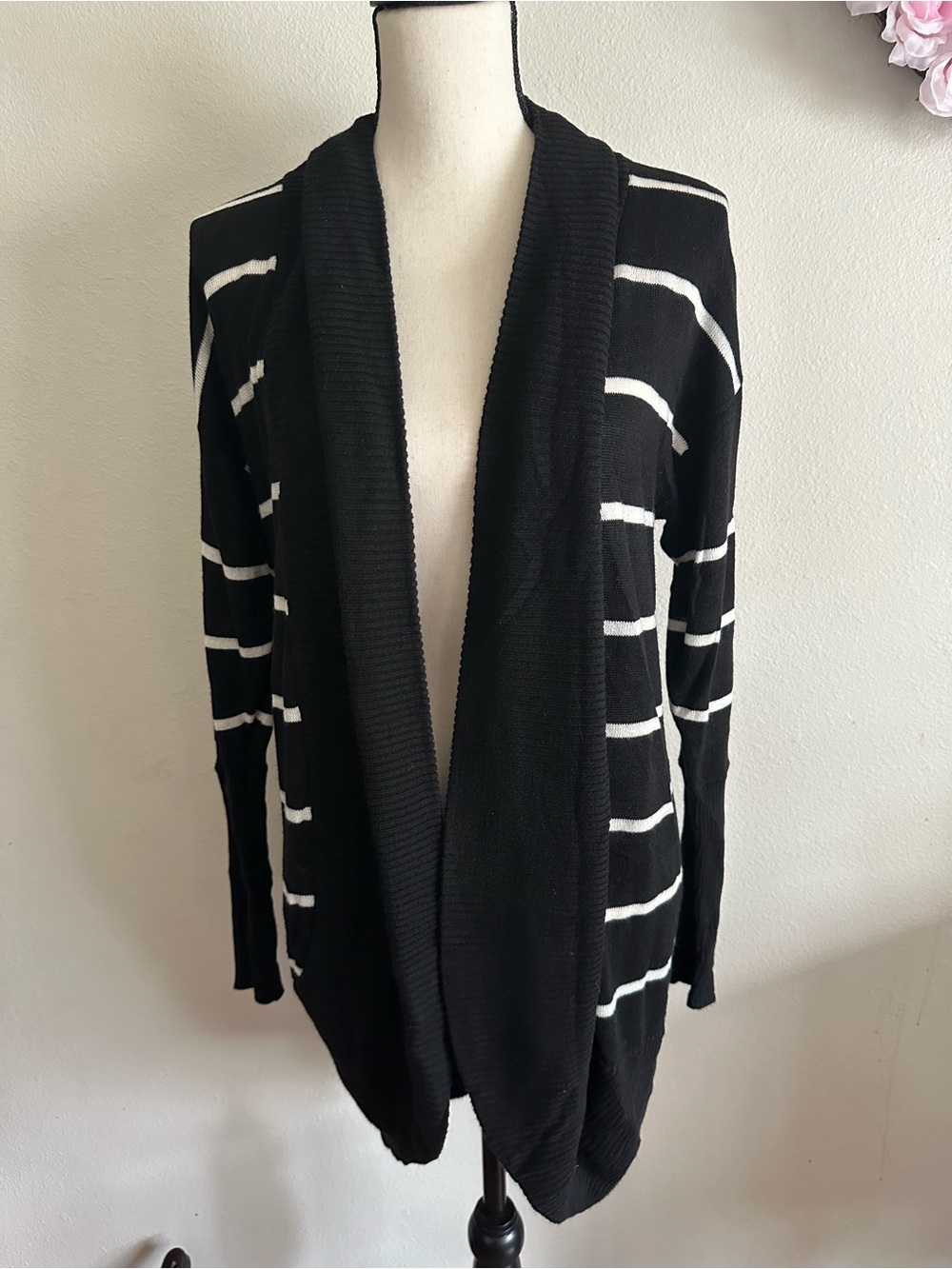 RD Style Black and White Striped Open-Front Cardigan